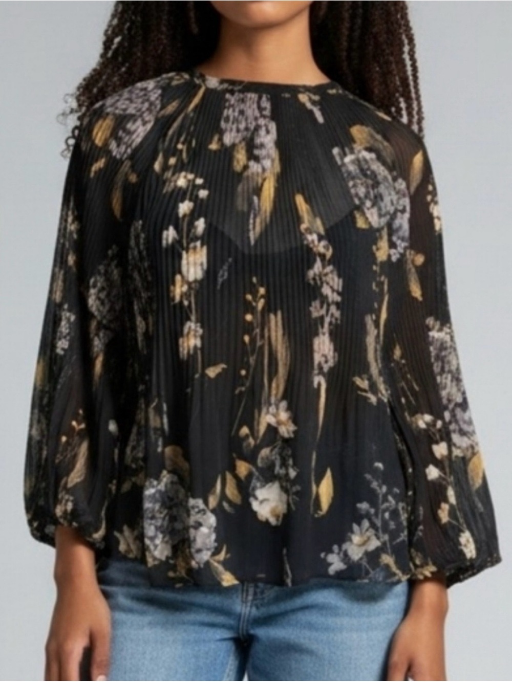 a new day Black Floral Pleated Long-Sleeve Blouse